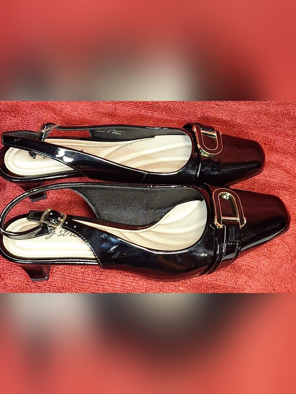 easy street Black Slingback Flats with Gold Buckle